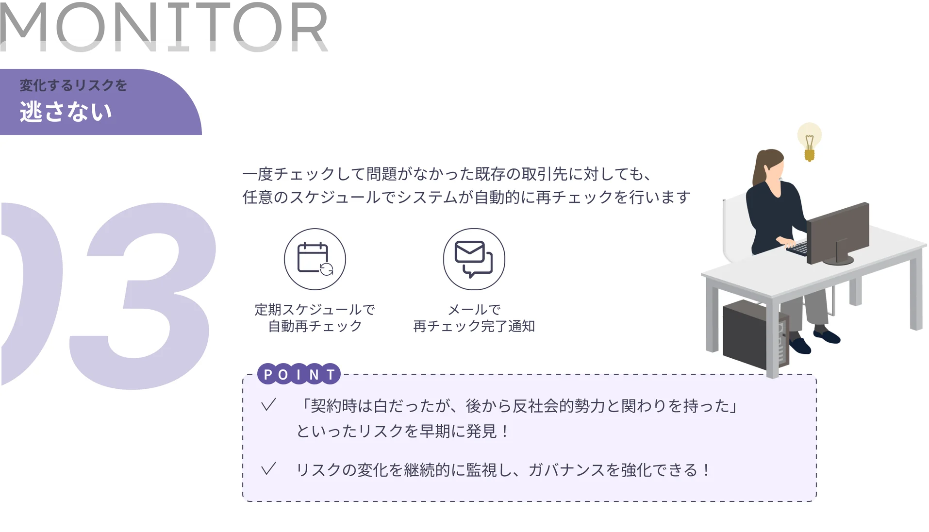 AntiSocial Checkerの自動再反社チェック機能。既存の取引先に対して任意のスケジュールで反社チェックを自動実行し、結果をメールで通知してリスクの変化を継続監視できることを示した図解